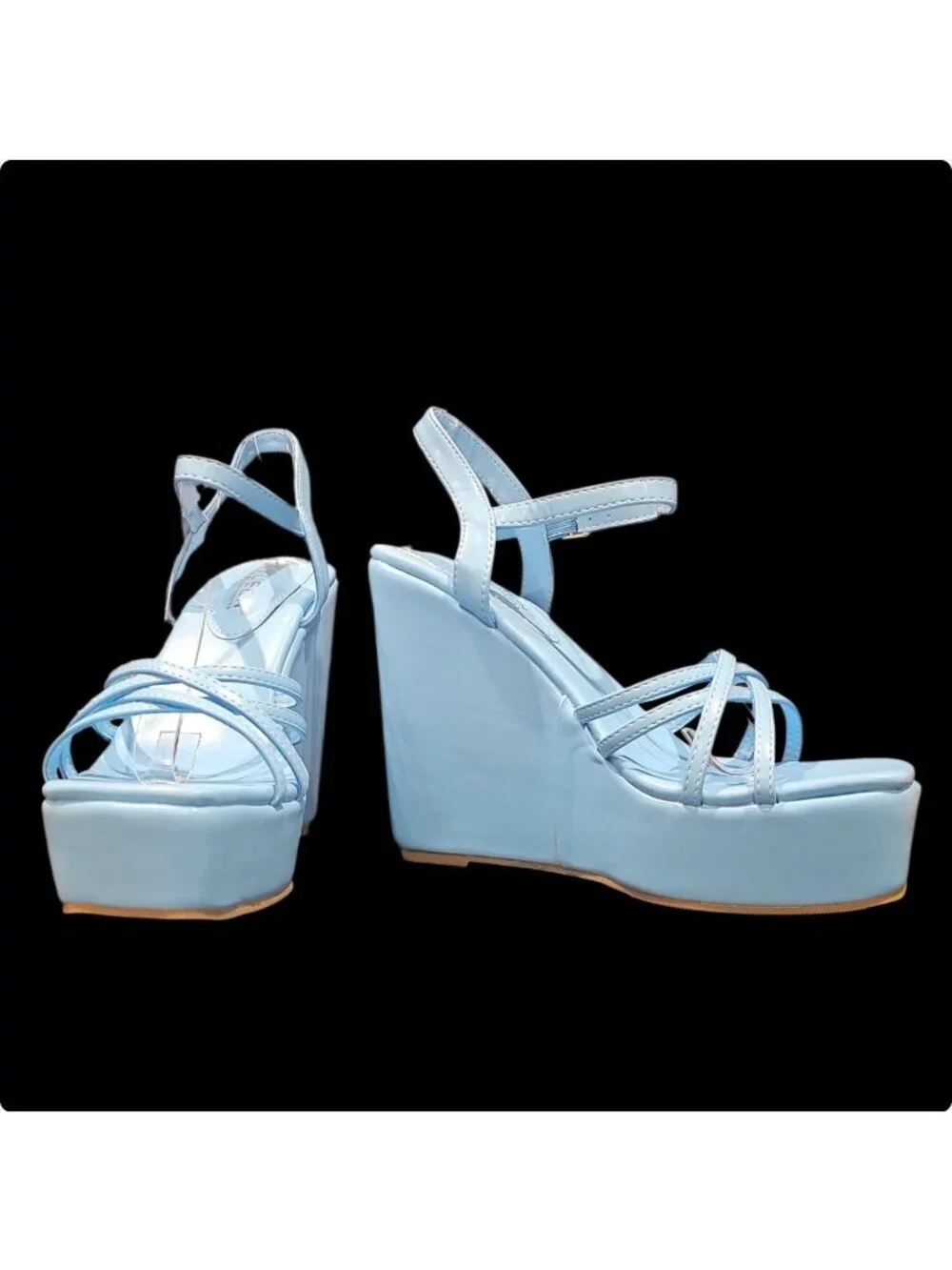 Sky Blue Platform Wedge Sandals With Adjustable Ankle Straps Strappy Design And